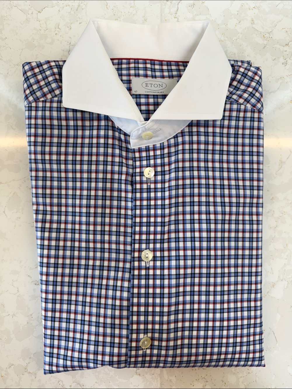 Eton Blue and Red Windowpane Dress Shirt with White Contrast Collar